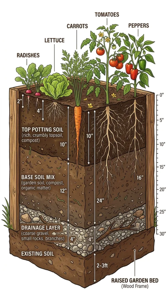 Raised bed soil depth